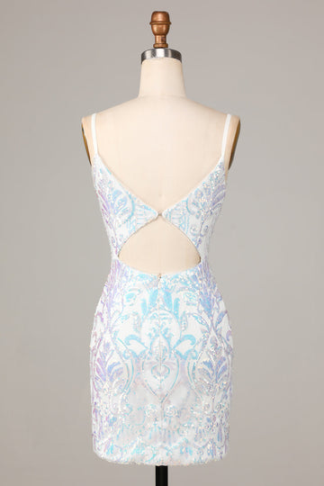 Exquisite Outlook Sheath Spaghetti Straps White Sequins Short Ball Dress